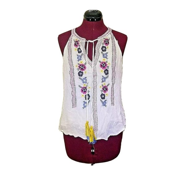Alya Womens Tank Top Halter Size Large Crepe Embroidered Tassel Tie Lined - Picture 1 of 7